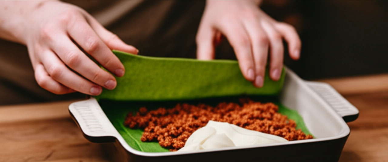 Mains caucasiennes hyperréalistes superposant soigneusement des ingrédients frais – pâte verte, ragoût, béchamel – pour préparer des lasagnes vertes dans un plat de cuisson, dans une cuisine naturellement éclairée.