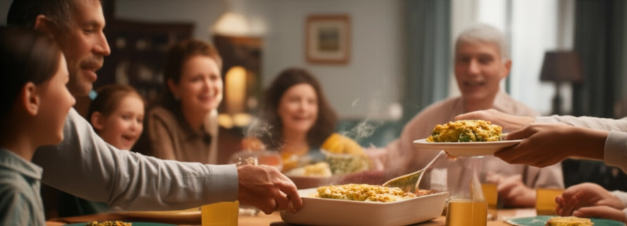 Scène hyperréaliste d'une famille caucasienne réunie autour d'une table pour un dîner chaleureux et confortable, avec un grand plat de lasagnes vertes fumantes comme pièce maîtresse, dans un cadre domestique.