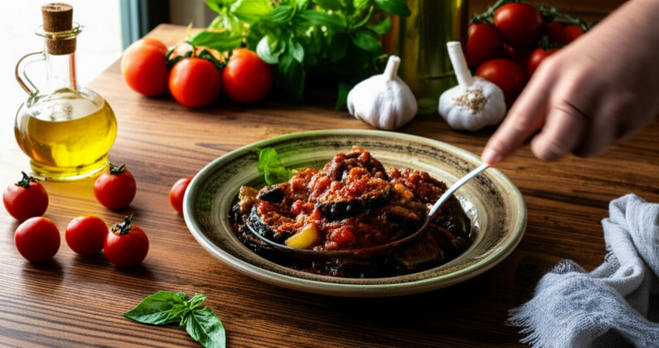 Escena hiperrealista de una mesa de cocina rústica con un tazón de 'melanzane a funghetto', ingredientes frescos y una mano caucásica sirviendo el plato, iluminada por luz natural.