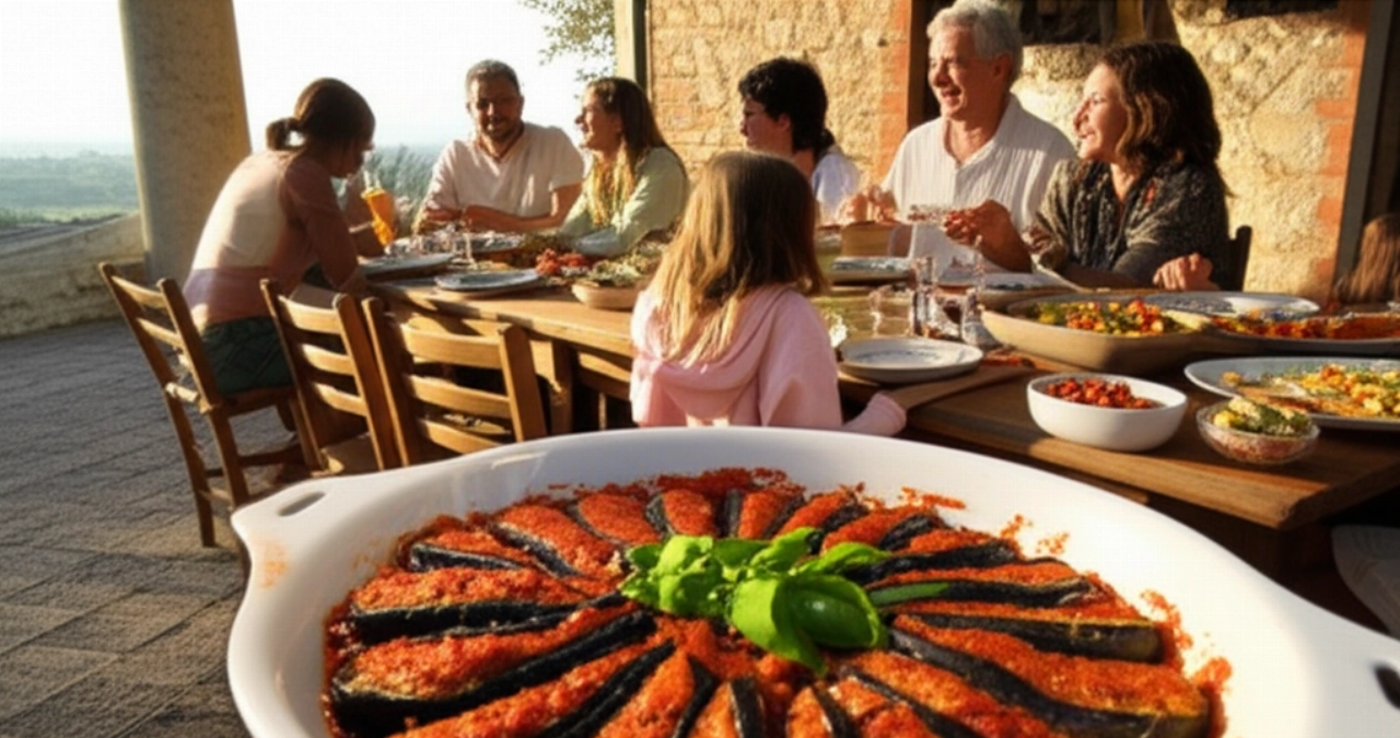 Escena hiperrealista de una familia caucásica cenando al aire libre en Italia, con un plato de 'melanzane a funghetto' en primer plano, bajo la cálida luz del atardecer.
