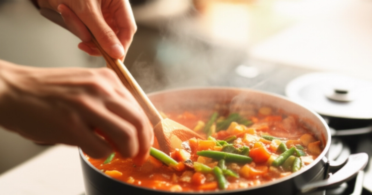 Scatto macro iperrealistico di mani caucasiche che mescolano delicatamente una grande pentola di minestrone di verdure in ebollizione, con vapore che sale e verdure fresche e colorate in primo piano, in una cucina luminosa.