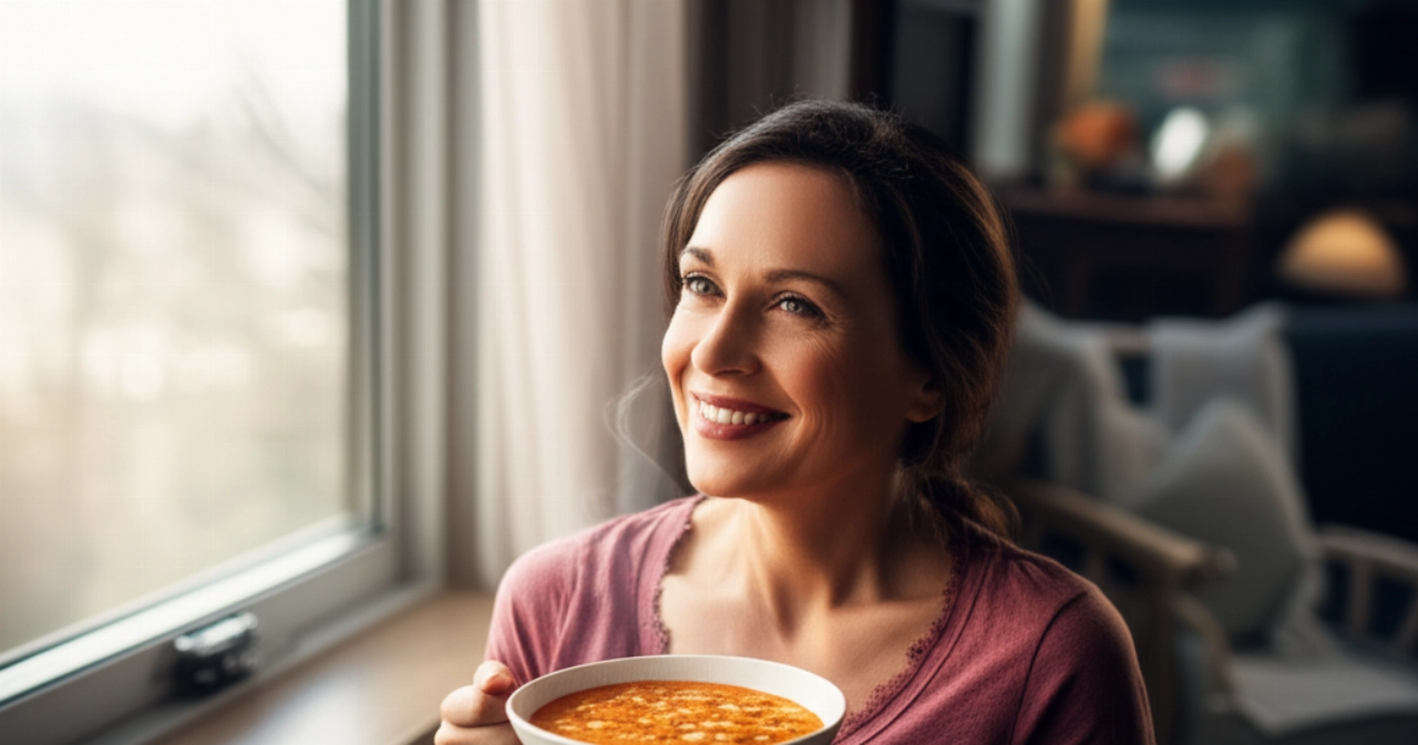 Ritratto iperrealistico e cinematografico di una donna caucasica di circa 30 anni, con un sorriso sereno, seduta comodamente vicino a una finestra con luce naturale soffusa, mentre tiene una ciotola di minestrone di verdure fumante in un ambiente accoglie