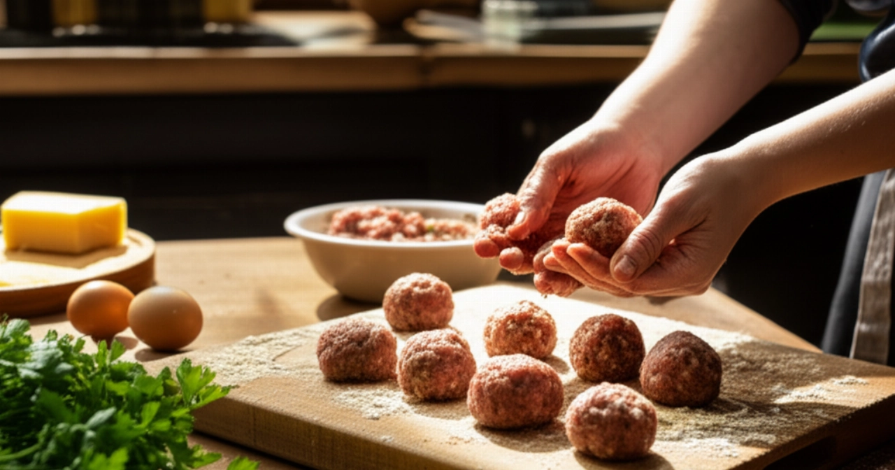 Mani caucasiche modellano i mondeghili in una cucina rustica italiana, con ingredienti freschi e luce naturale diffusa.