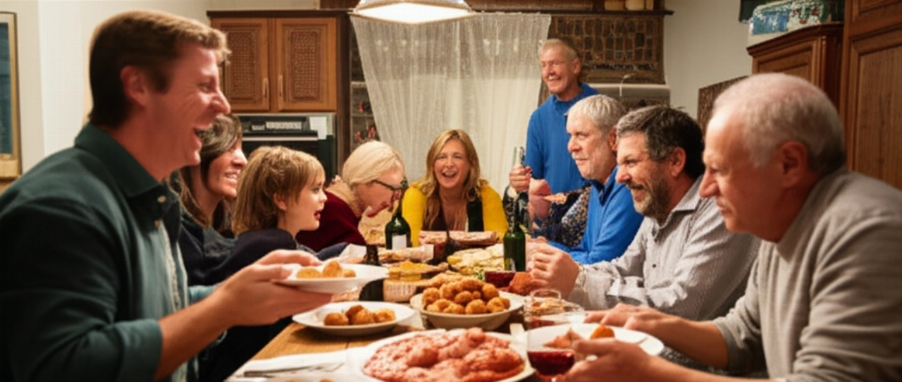 Famiglia caucasica di diverse generazioni condivide allegramente piatti di mondeghili in un'accogliente trattoria italiana o casa, con luce calda e atmosfera conviviale.
