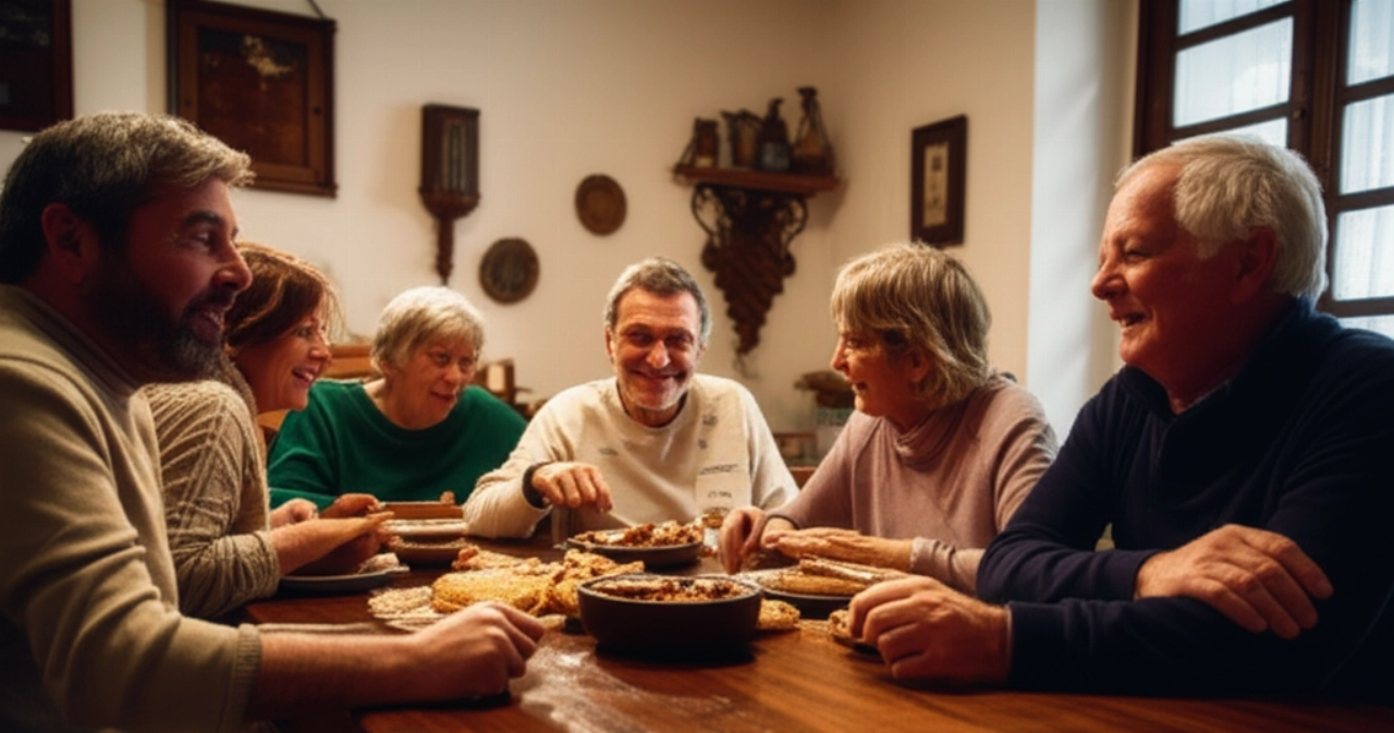 Scatto iperrealistico di una famiglia caucasica di più generazioni che condivide il Morsello Catanzarese attorno a un tavolo, in un'atmosfera calda e tradizionale.