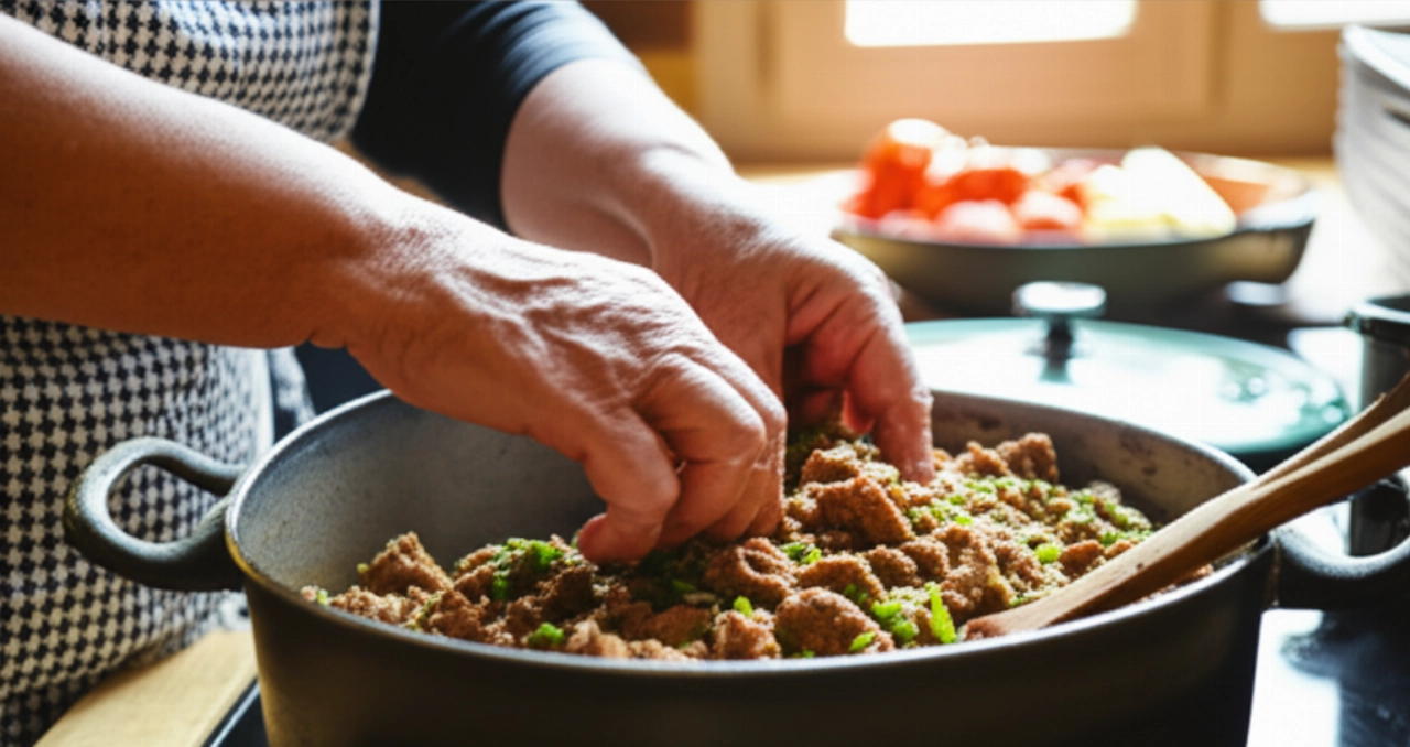 Foto culinaria iperrealistica delle mani di una nonna caucasica che prepara il Morsello Catanzarese in una cucina tradizionale calabrese, con ingredienti freschi in evidenza.