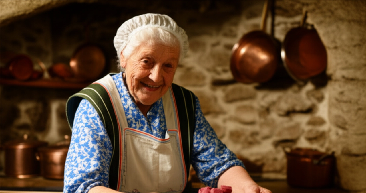 Un'anziana donna caucasica in una cucina friulana tradizionale serve un piatto di Musetto e Brovada, con un'espressione gentile e le mani in primo piano.