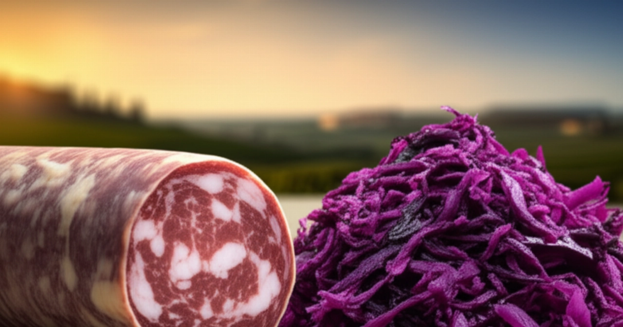 Dettaglio iperrealistico degli ingredienti principali del Musetto e Brovada: una sezione di salsiccia di maiale e rape fermentate viola, su un telo di lino con uno sfondo sfocato della campagna friulana.
