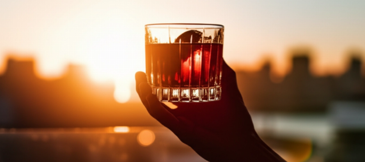 Una mano caucasica tiene un bicchiere di Negroni al tramonto, con una vista mozzafiato da un rooftop bar.