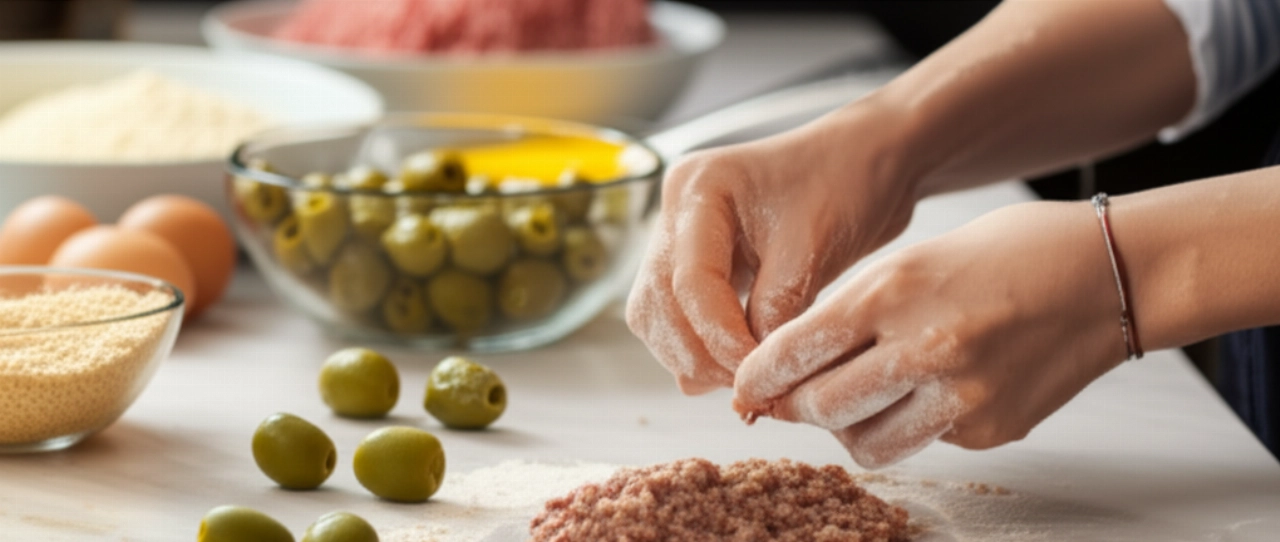 Mani caucasiche in primo piano mentre preparano le olive all'ascolana, con ingredienti freschi sul bancone di una cucina tradizionale.