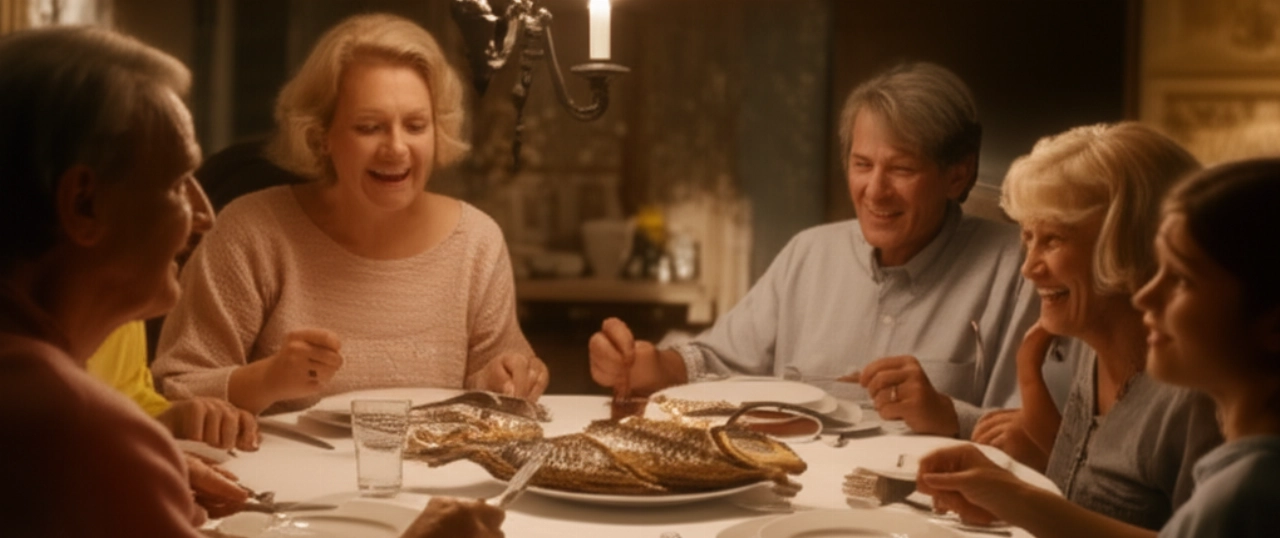 Kaukasische Familie versammelt sich an einem elegant gedeckten Esstisch, teilt und genießt einen gebackenen Seebrassen, in einer warmen und geselligen Atmosphäre.
