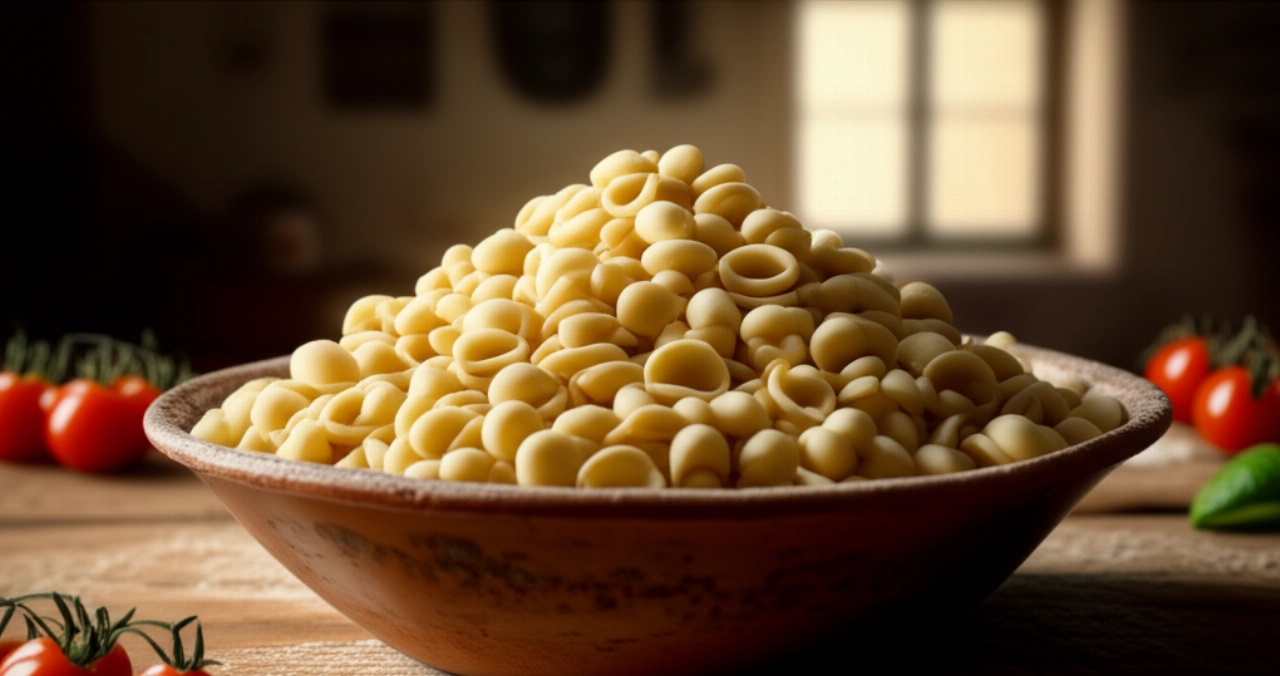 Rustic bowl full of fresh homemade orecchiette on an antique wooden table, illuminated by natural light in a traditional kitchen.