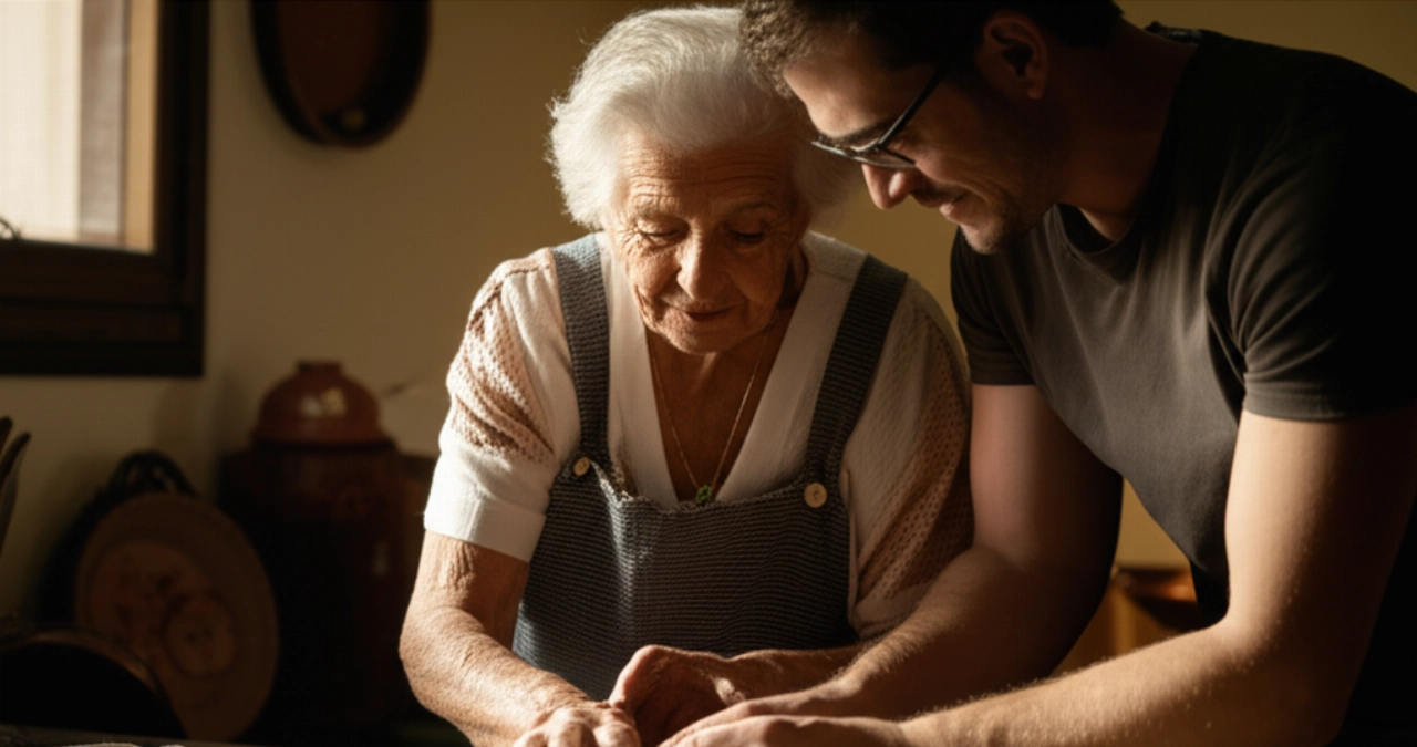 A Caucasian grandmother teaches a young adult to make orecchiette in a traditional Italian kitchen, with hands shaping the pasta.