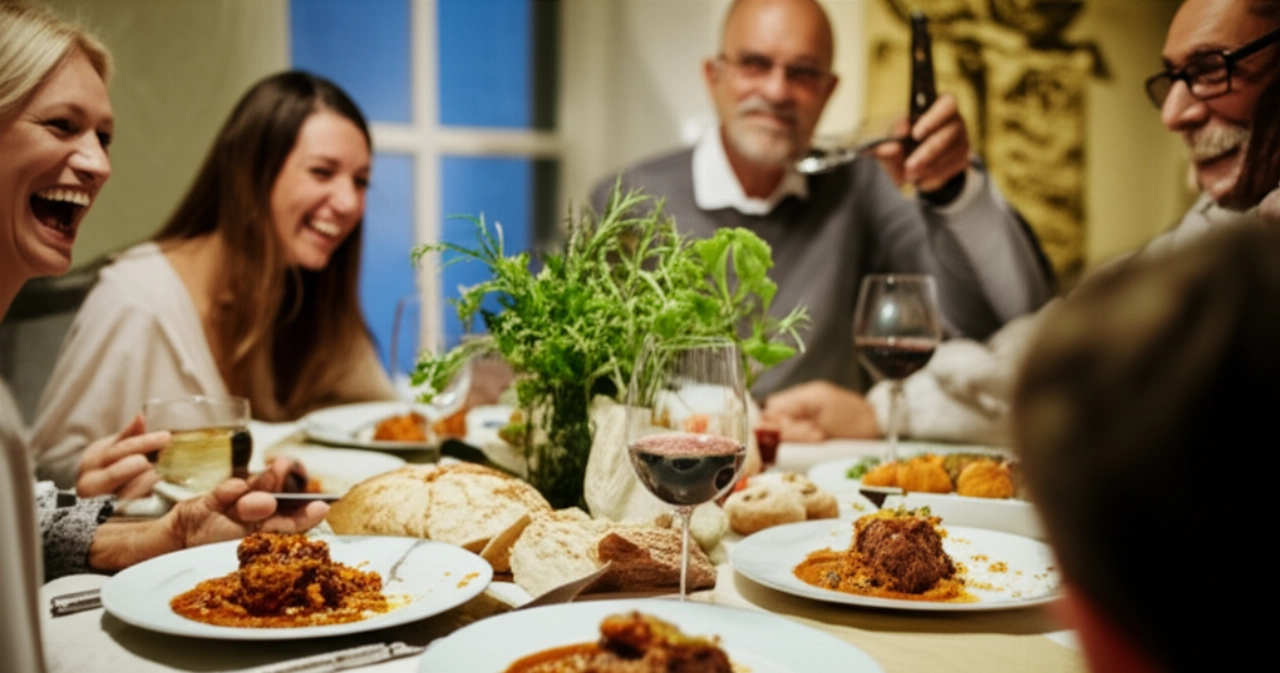 Eine kaukasische Familie mehrerer Generationen versammelt sich um einen elegant gedeckten Tisch und genießt eine gemeinsame Mahlzeit mit Ossobuco alla Milanese in einer warmen und einladenden Atmosphäre.