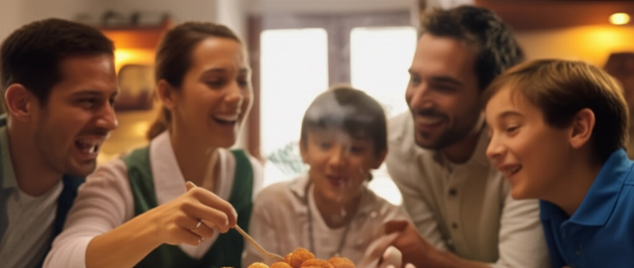 Lächelnde kaukasische Familie versammelt sich um einen Tisch in einer gemütlichen Küche, genießt einen Teller Pallotte Cacio E Ovo, mit einer fröhlichen und familiären Atmosphäre.