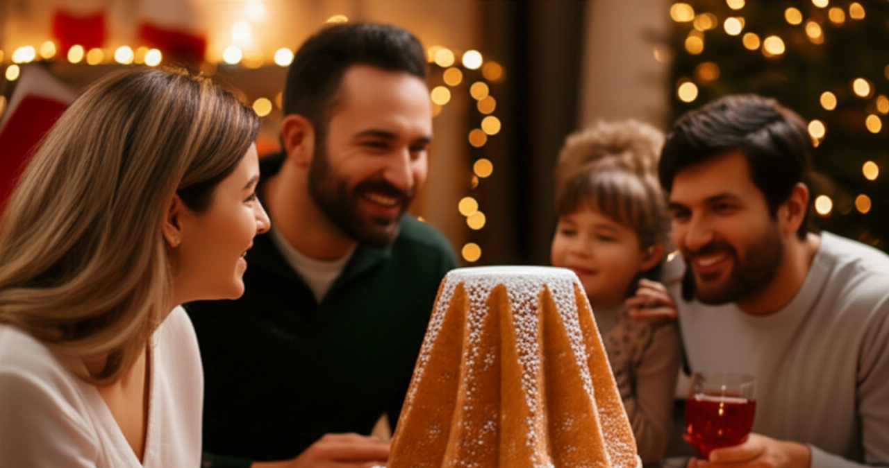Escena hiperrealista de una familia caucásica sonriente alrededor de una mesa navideña, con un Pandoro de Verona como centro de mesa.