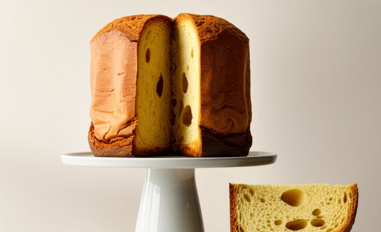 Toma de estudio hiperrealista de un Pandoro de Verona entero sobre un plato elegante, con una rebanada cortada que revela su textura interna.