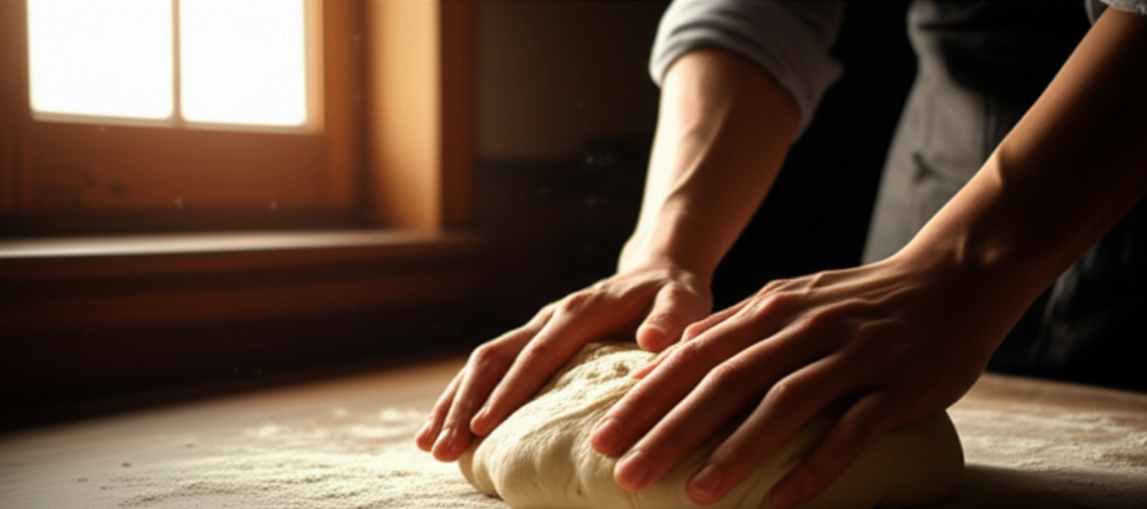 Mani caucasiche impastano delicatamente la pasta del Pane Cafone su una superficie di legno infarinata, con luce naturale che filtra.