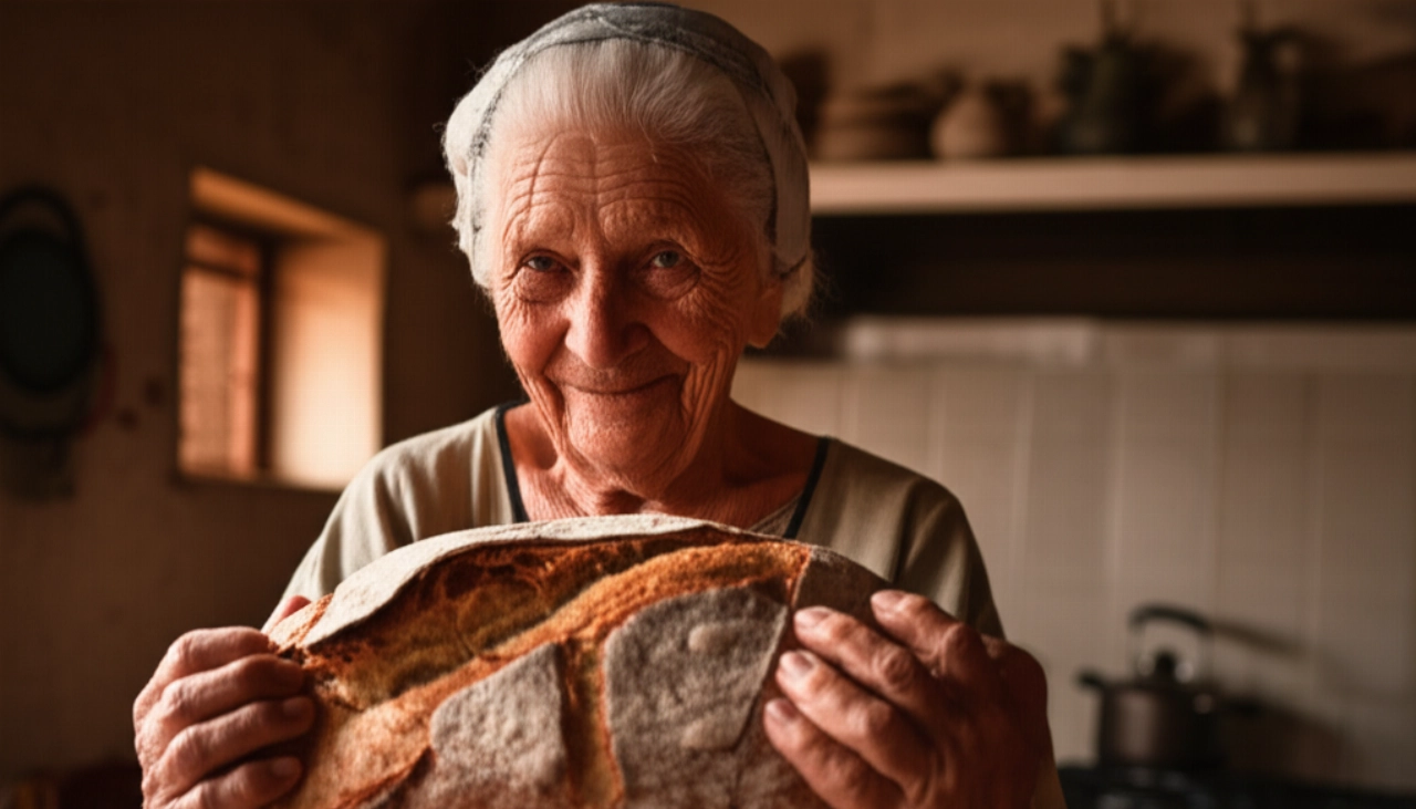 Ritratto iperrealistico di un'anziana donna caucasica che tiene in mano una grande pagnotta di Pane Cafone appena sfornata, in una cucina rustica.