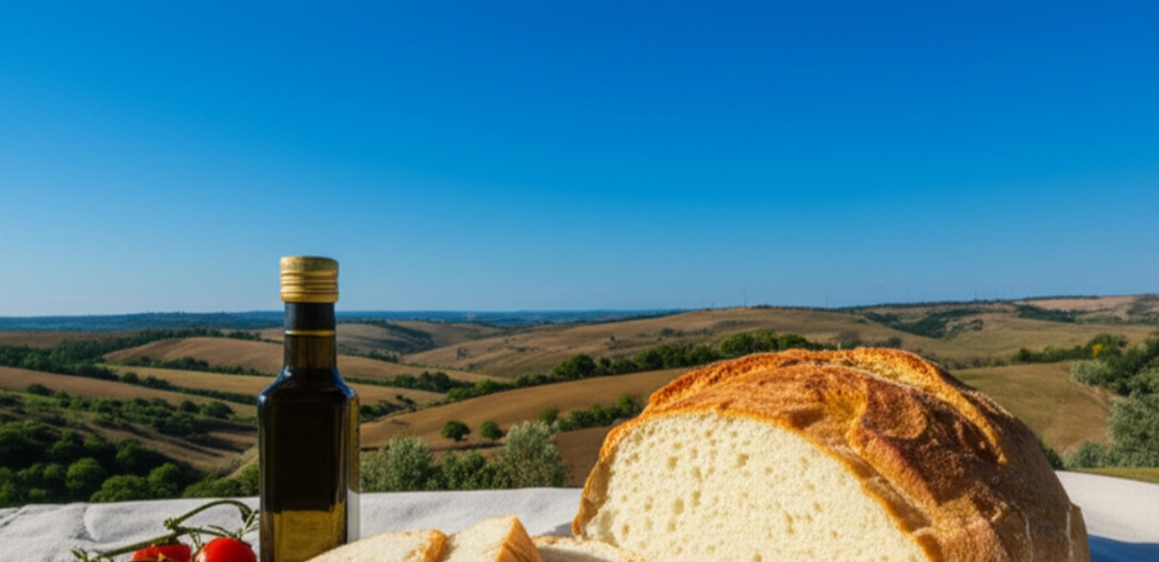 Нарезанная буханка Pane di Altamura DOP, оливковое масло и помидоры на деревенской ткани, на фоне солнечного пейзажа Апулийских Мурга.