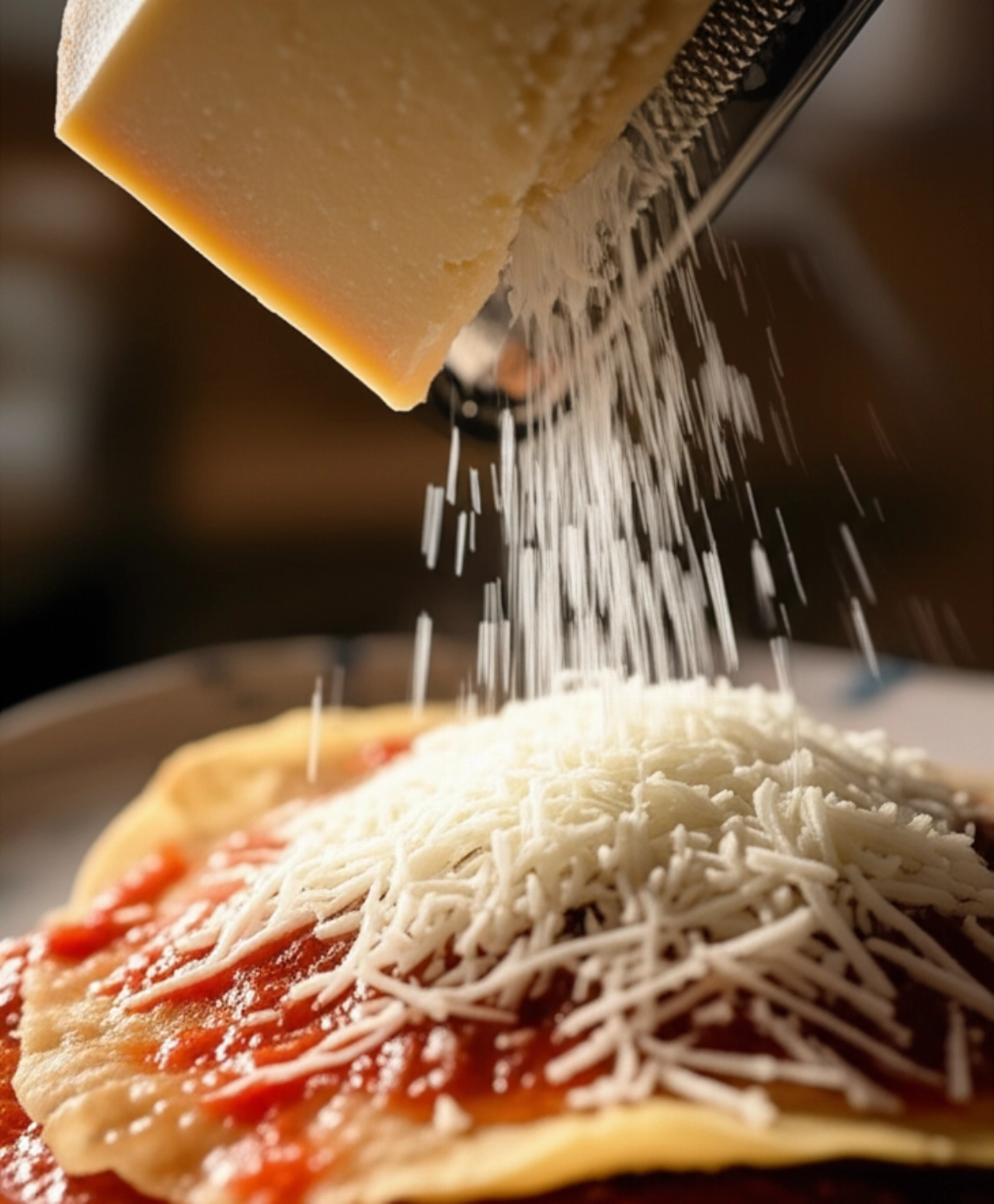 Primo piano iperrealistico di una mano caucasica che grattugia formaggio pecorino su un piatto di Pane Frattau, con dettagli nitidi sulle texture del cibo.