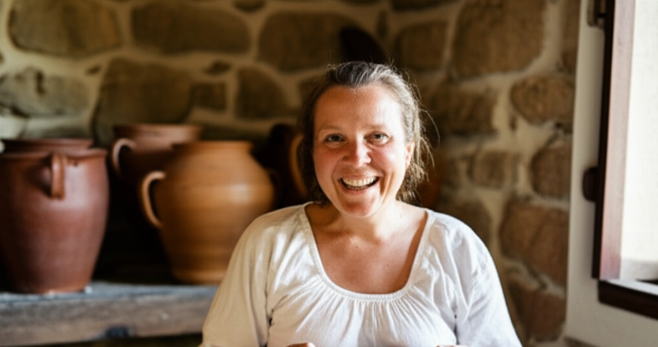 Una donna caucasica sorridente che gusta un piatto di Pane Frattau in un'autentica cucina sarda, con luce calda e naturale.