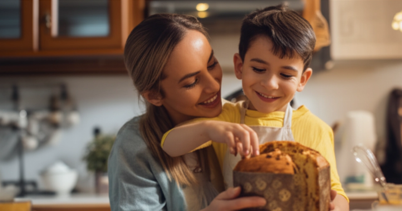 Una madre caucásica y su hijo comparten un momento afectuoso disfrutando de una rebanada de panettone casero en una cocina acogedora.