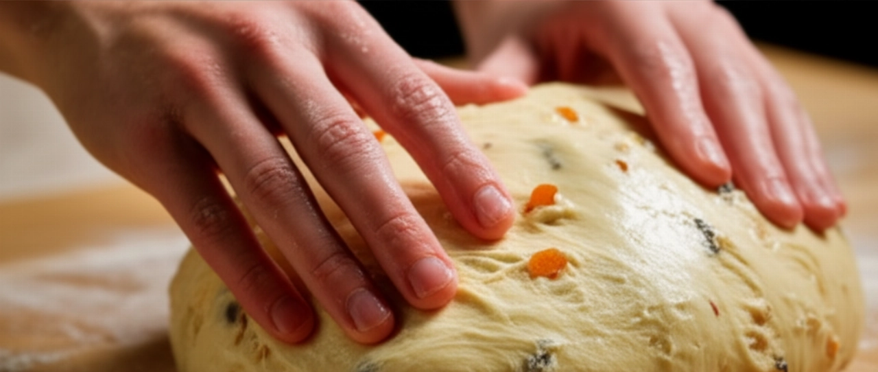 Detalle hiperrealista de manos caucásicas amasando la suave masa de panettone casero, con frutas confitadas y pasas visibles.