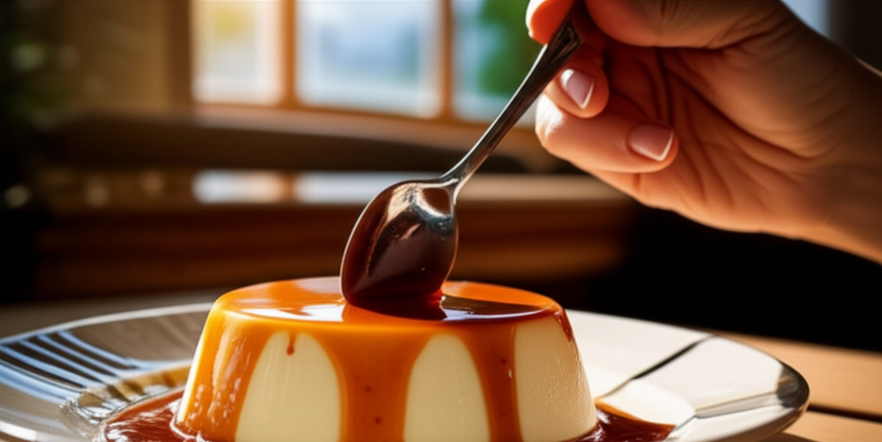 Manos caucásicas elegantes hundiendo una cuchara en una panna cotta de caramelo, en un ambiente cálido y acogedor.