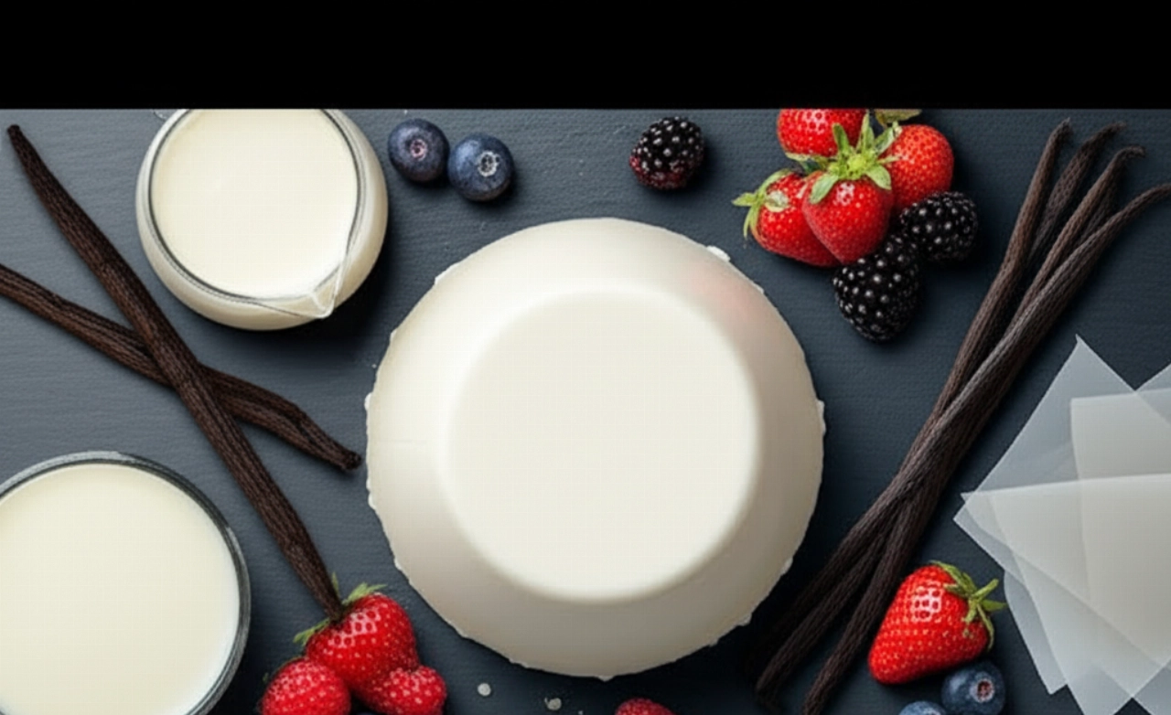 Composición hiperrealista desde arriba de una panna cotta con sus ingredientes frescos: vainas de vainilla, nata y frutos del bosque, sobre una superficie oscura.