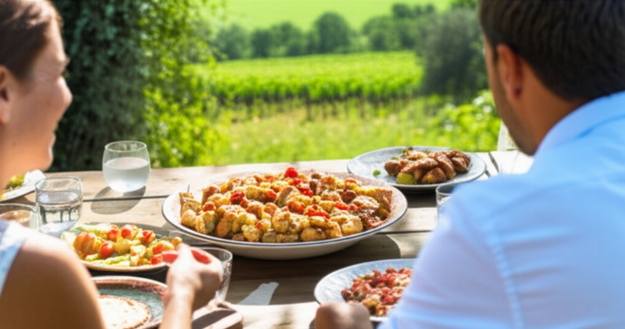 Scena iperrealistica di un pranzo estivo all'aperto con Panzanella, con due persone caucasiche sedute a un tavolo di legno in un paesaggio rurale italiano.