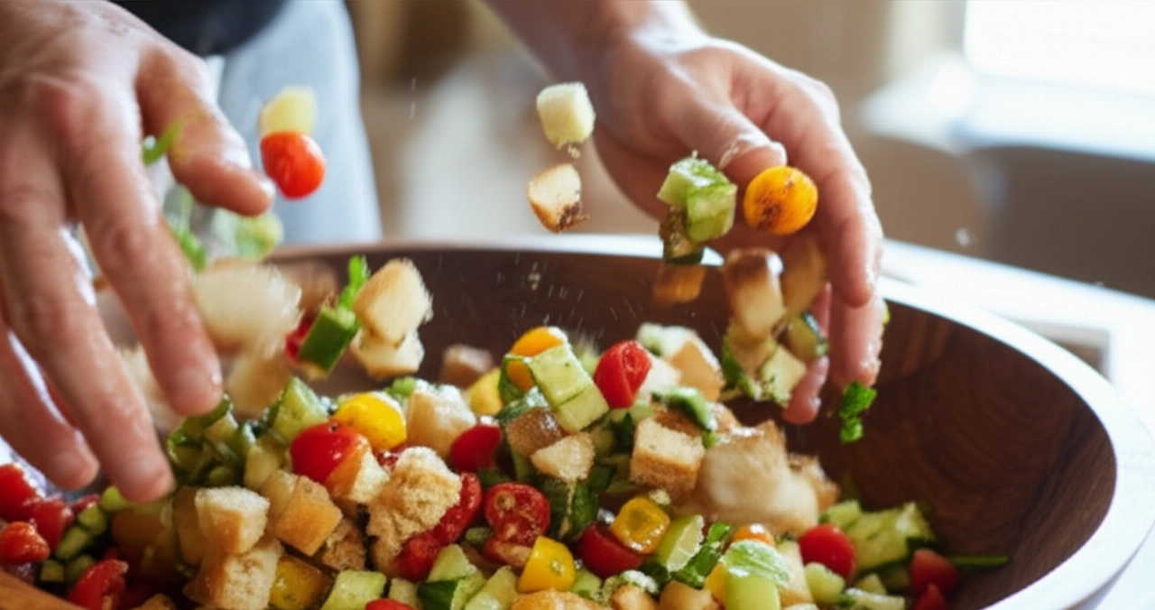 Dettaglio iperrealistico di mani caucasiche che mescolano una Panzanella fresca in una ciotola di legno, con pomodori, pane e basilico in primo piano.