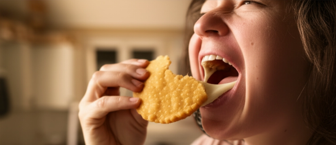 Una persona caucasica sorridente addenta un panzerotto fritto, con il formaggio filante in un momento di pura gioia.