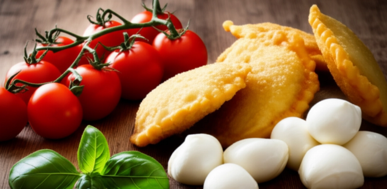 Composizione iperrealistica di ingredienti freschi come pomodori e mozzarella accanto a panzerotti fritti dorati, su un tavolo rustico.