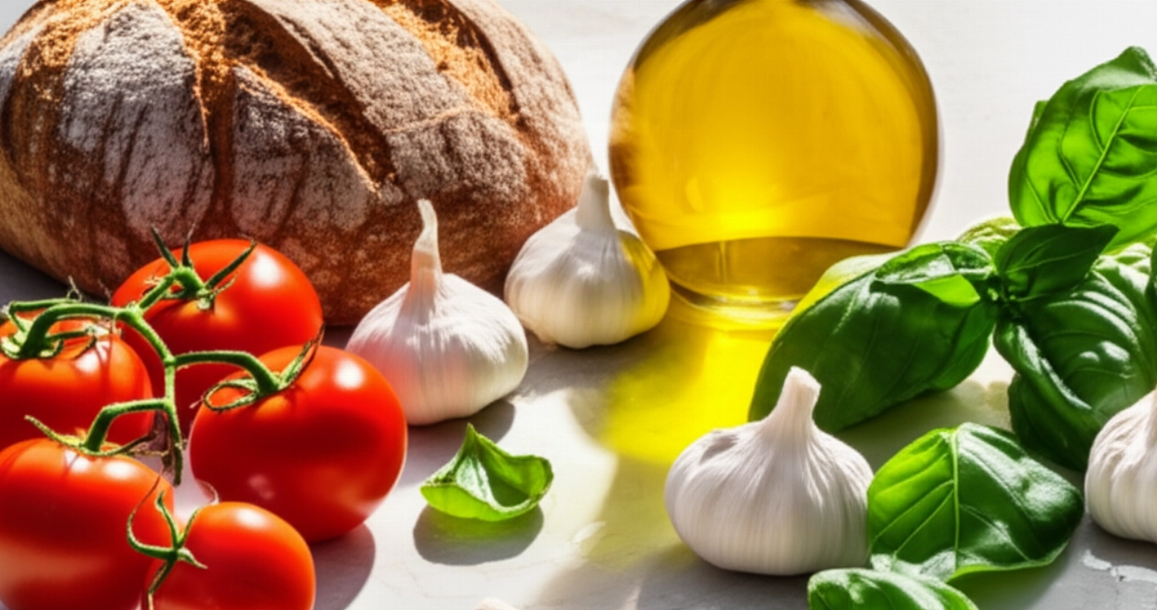 Composition hyperréaliste d'ingrédients frais pour la pappa al pomodoro : tomates, pain, ail, huile et basilic sur un plan de travail de cuisine.