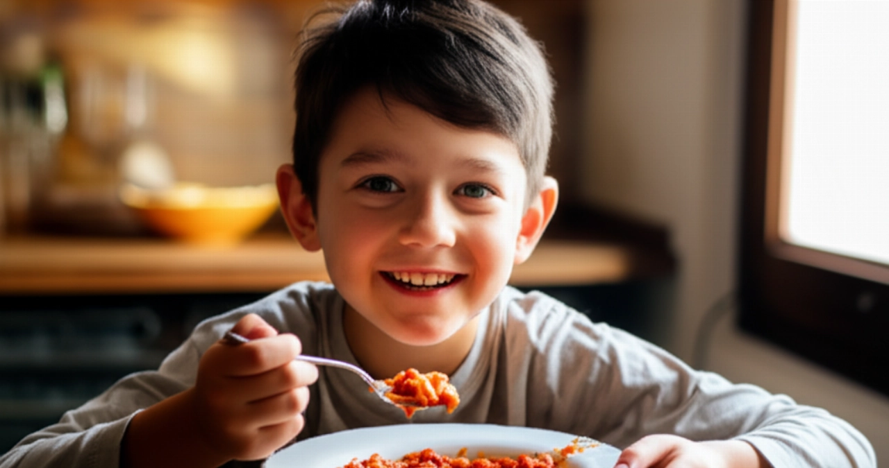 Un enfant caucasien souriant et heureux savourant un bol de pappa al pomodoro dans une cuisine italienne rustique et ensoleillée.
