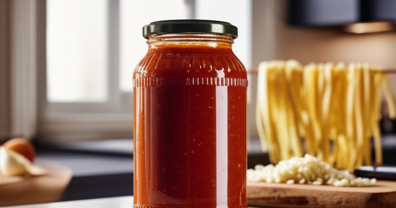 Un barattolo di passata di pomodoro artigianale su un bancone di marmo in una cucina moderna, con pasta fresca in sottofondo, che suggerisce qualità e preparazione.