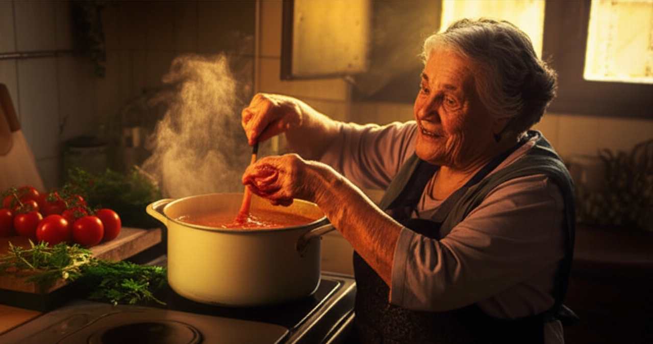 Un'anziana nonna caucasica mescola amorevolmente una pentola di passata di pomodoro in una cucina tradizionale italiana, simbolo di tradizione e calore domestico.