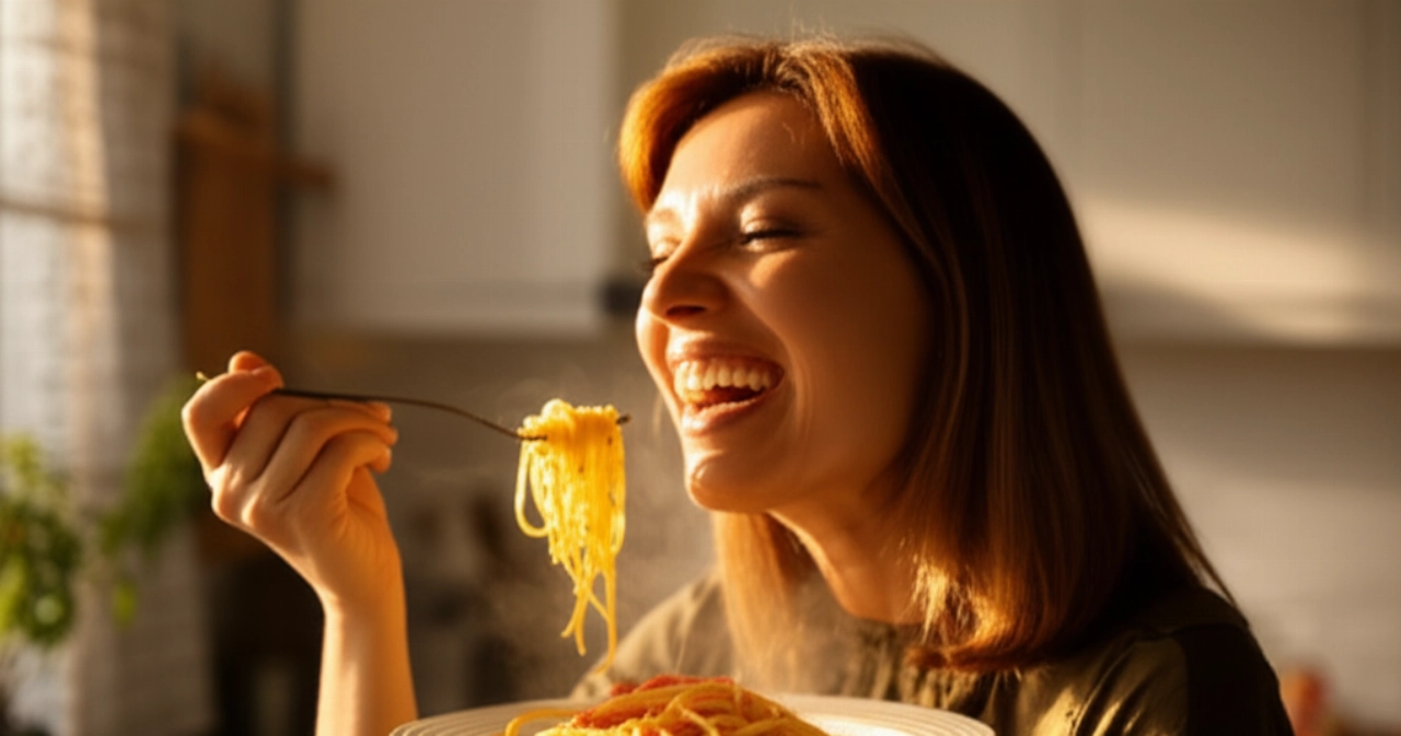 Donna caucasica sorridente che sta per gustare un boccone di pasta aglio, olio e peperoncino in una cucina accogliente e illuminata dal sole.