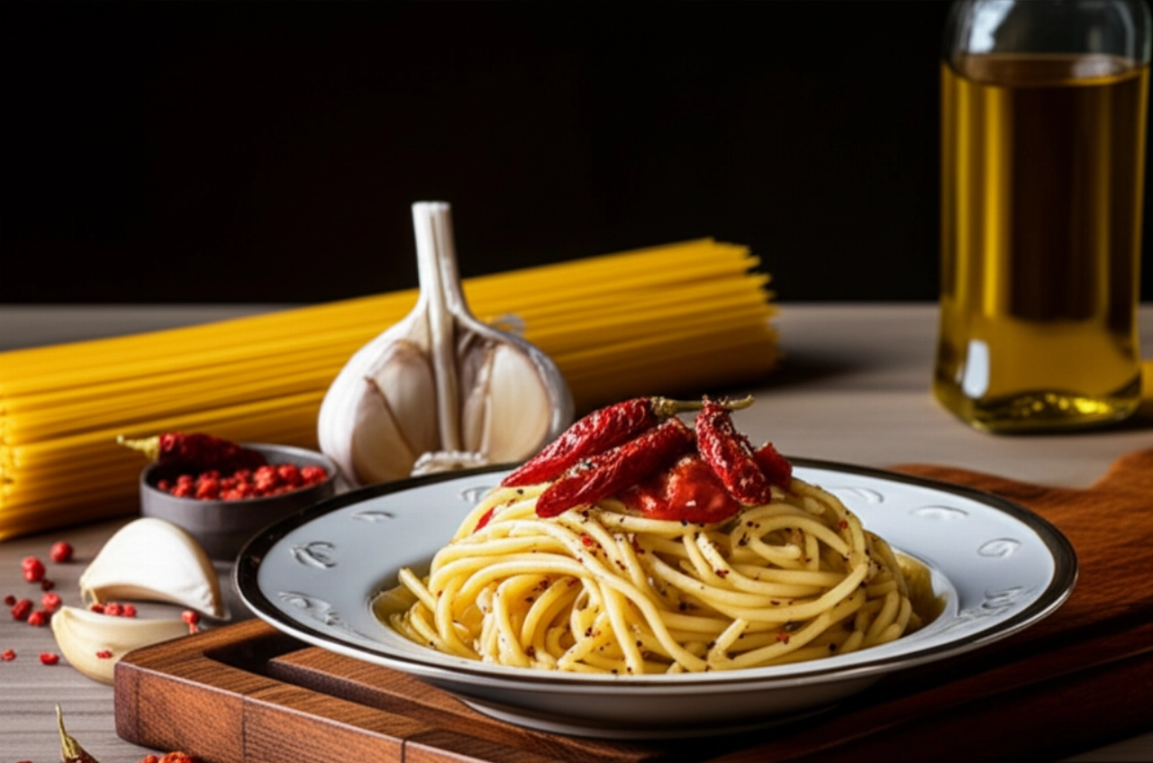 Composizione iperrealistica con un piatto di pasta aglio, olio e peperoncino e i suoi ingredienti freschi (aglio, peperoncino, olio d'oliva, spaghetti) su un tagliere di legno.