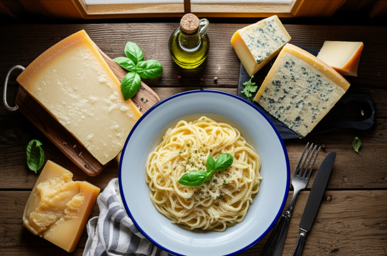 Composizione iperrealistica con un piatto di pasta ai quattro formaggi, formaggi assortiti e erbe fresche su un tavolo di legno.
