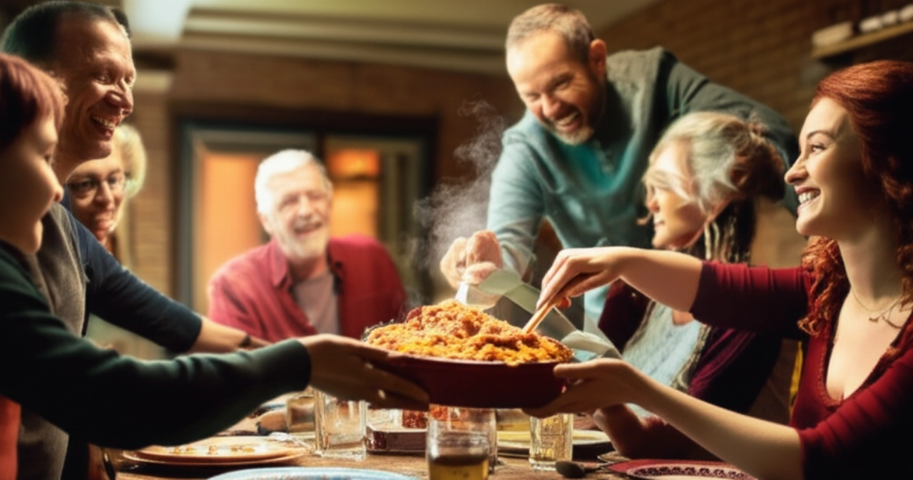 Una famiglia caucasica sorridente e felice a tavola, mentre viene servita una grande teglia di pasta al forno fumante.