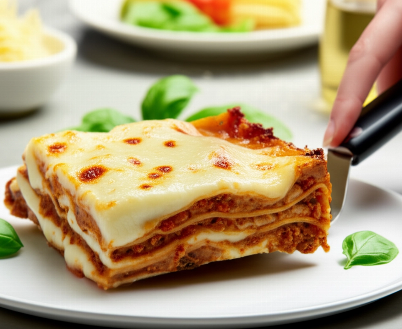 Una fetta perfetta di pasta al forno servita su un piatto bianco da una mano caucasica, con strati visibili e formaggio fuso.