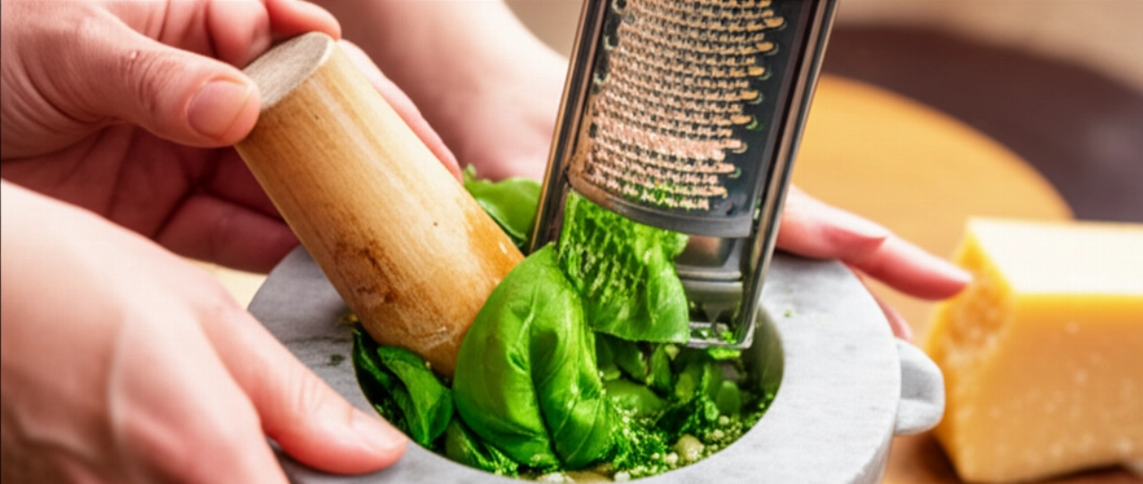 Mani caucasiche preparano il pesto fresco in un mortaio di marmo, con ingredienti come basilico e parmigiano in primo piano.