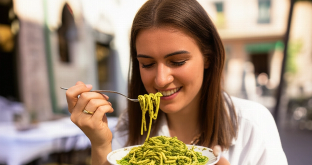 Una giovane donna caucasica sorridente gusta un piatto di spaghetti al pesto in una trattoria all'aperto, catturata in un momento iperrealistico.