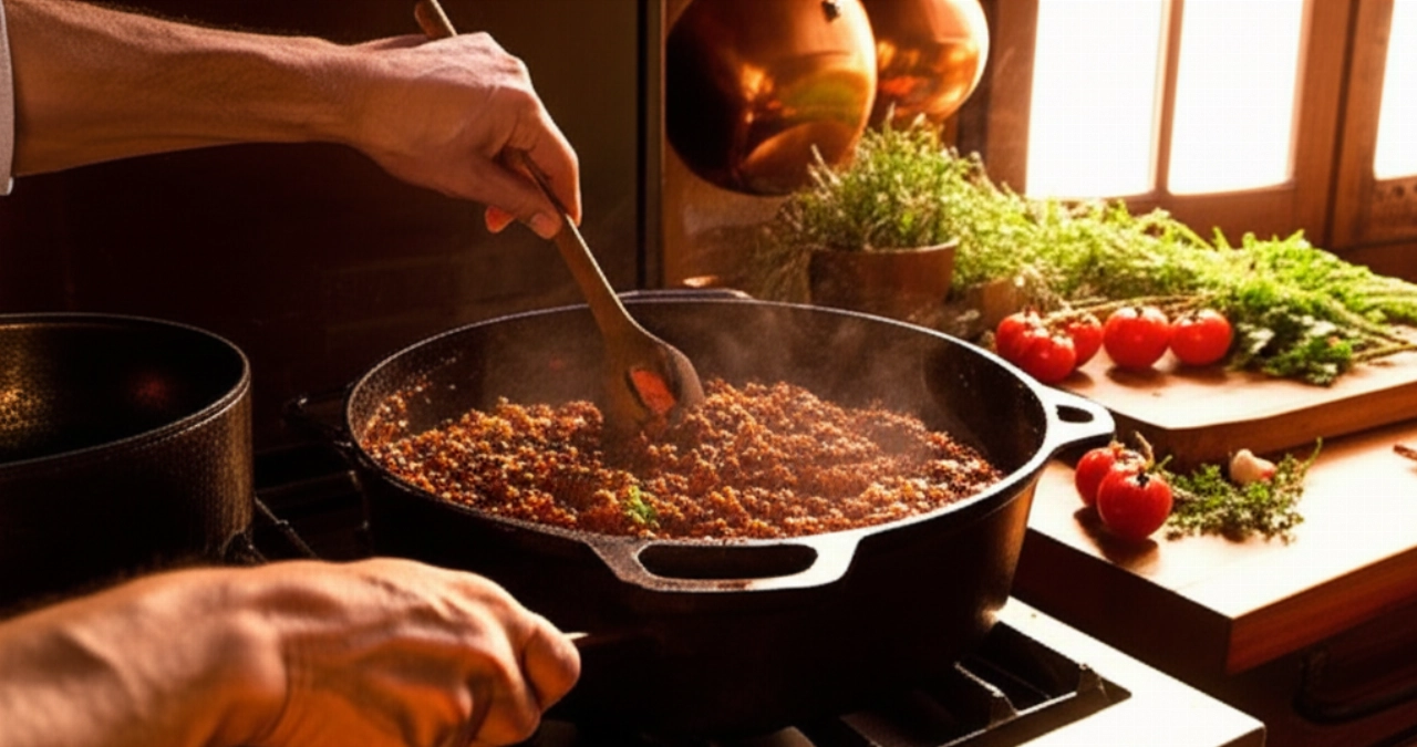 Mani caucasiche mescolano il ragù di cinghiale in una pentola di ghisa su un fornello rustico in una cucina tradizionale.