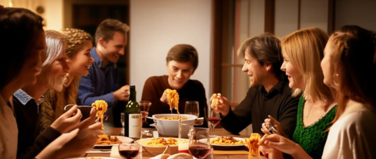 Famiglia caucasica riunita a tavola, sorridente e intenta a gustare piatti di pasta al ragù di cinghiale in un'atmosfera accogliente.