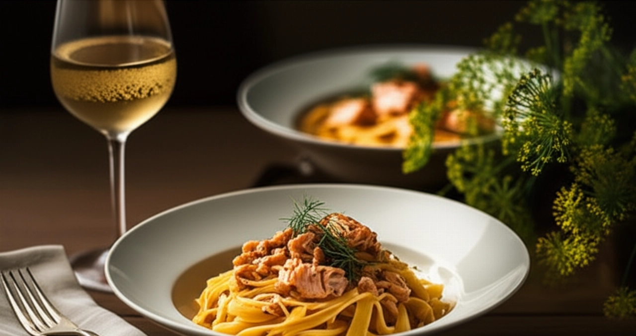 Scena iperrealistica di un tavolo elegantemente apparecchiato con un piatto di pasta al salmone, un bicchiere di vino bianco e erbe fresche, illuminato da luce naturale.