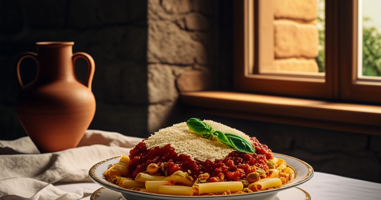Hyperrealistic image of a traditional Sicilian table with a plate of Pasta Alla Norma, rustic details, and warm sunlight creating an authentic atmosphere.