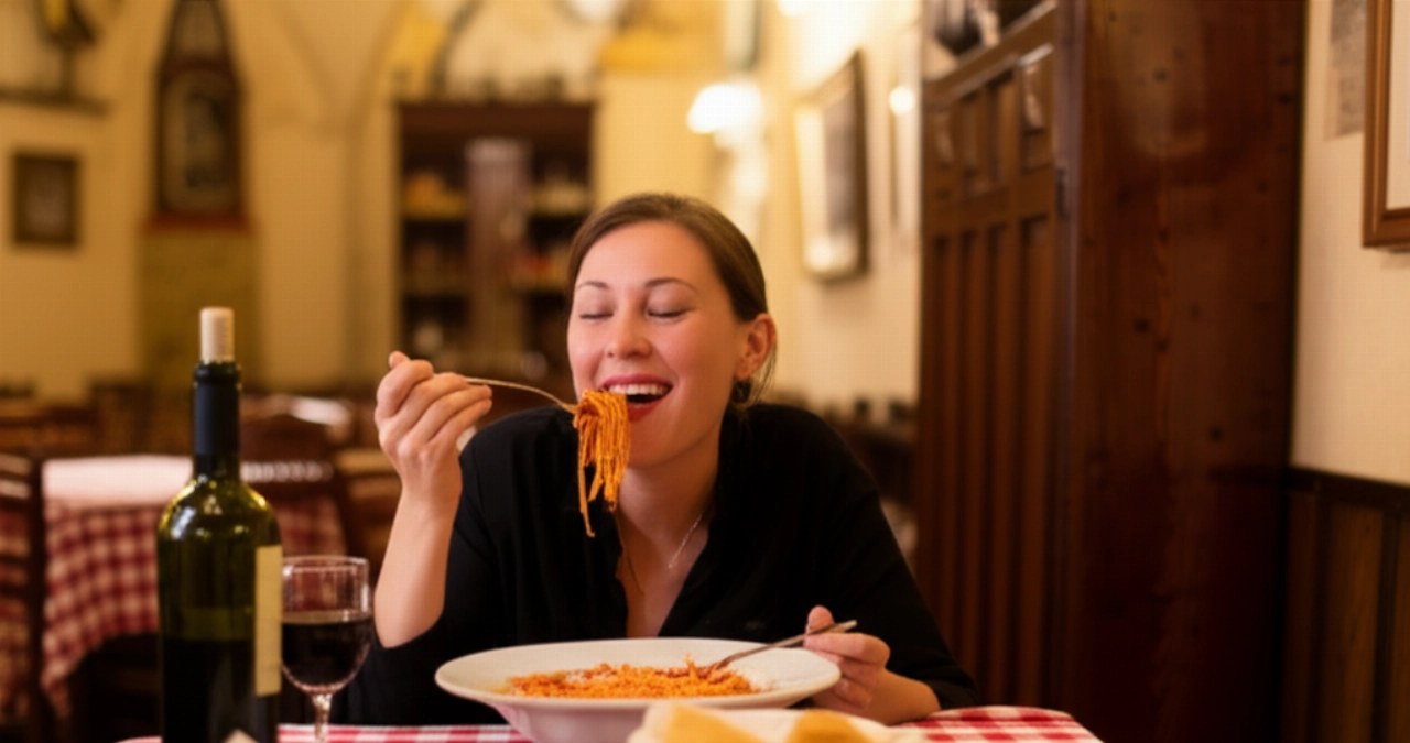 Una donna caucasica sorridente assapora un boccone di Pasta all'Amatriciana in una tradizionale trattoria italiana, con un'atmosfera calda e accogliente.